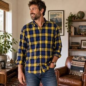 Vtg Bud Berma Weekender Plaid Shirt Mens M Blue Yellow Single Needle Button Up